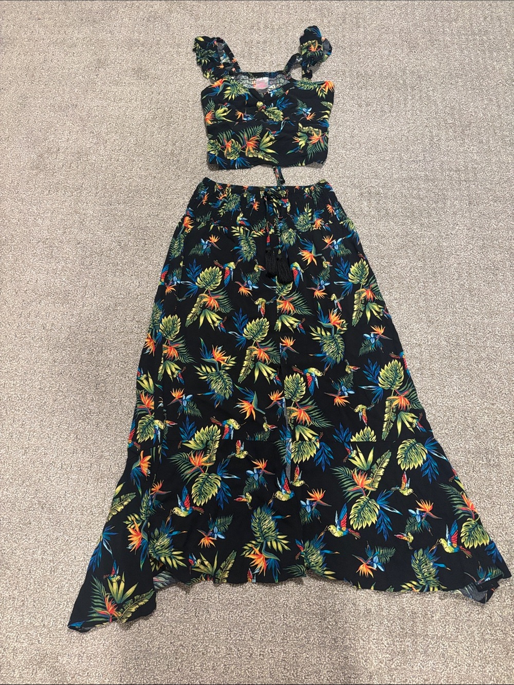No Boundaries Black Maxi Skirt with Tropical Green, Blue, and Orange Print